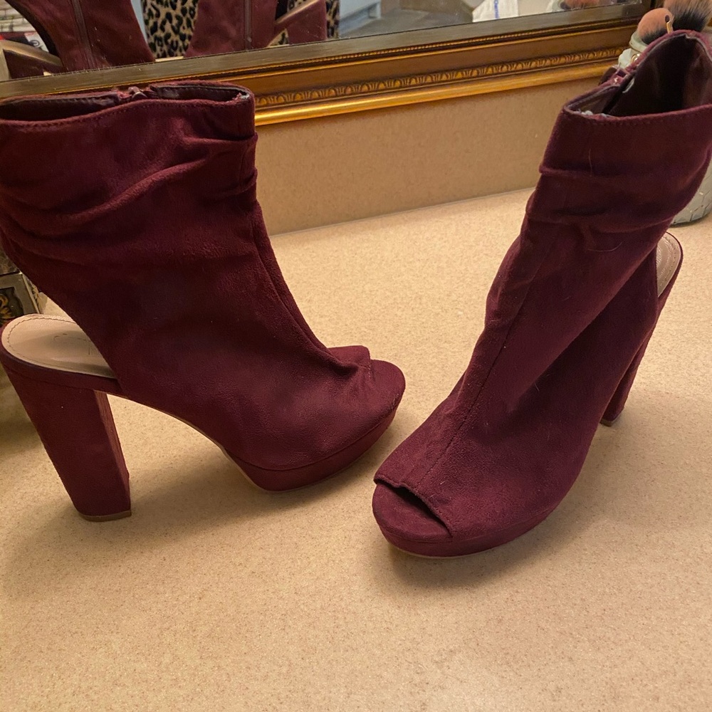 Suede open toe booties maroon